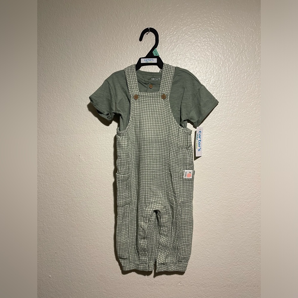 Carter's Green Gingham Overalls Set with Green Tee